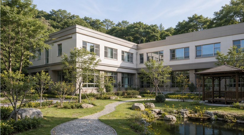 정원을 갖춘 요양병원의 저층 외관