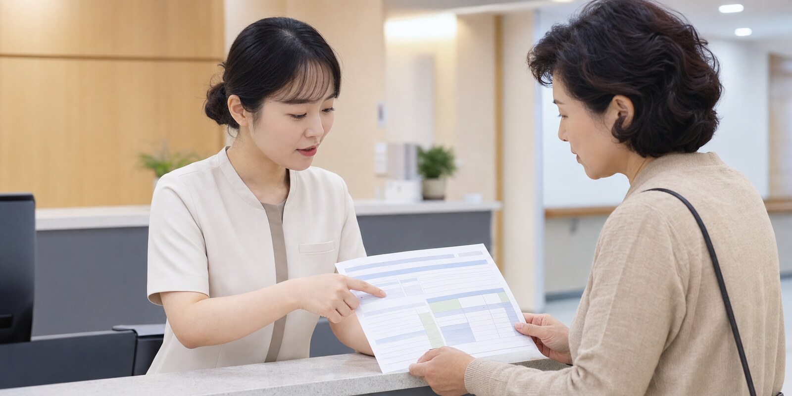 환자에게 진료 절차와 권리를 안내하는 접수 창구 장면