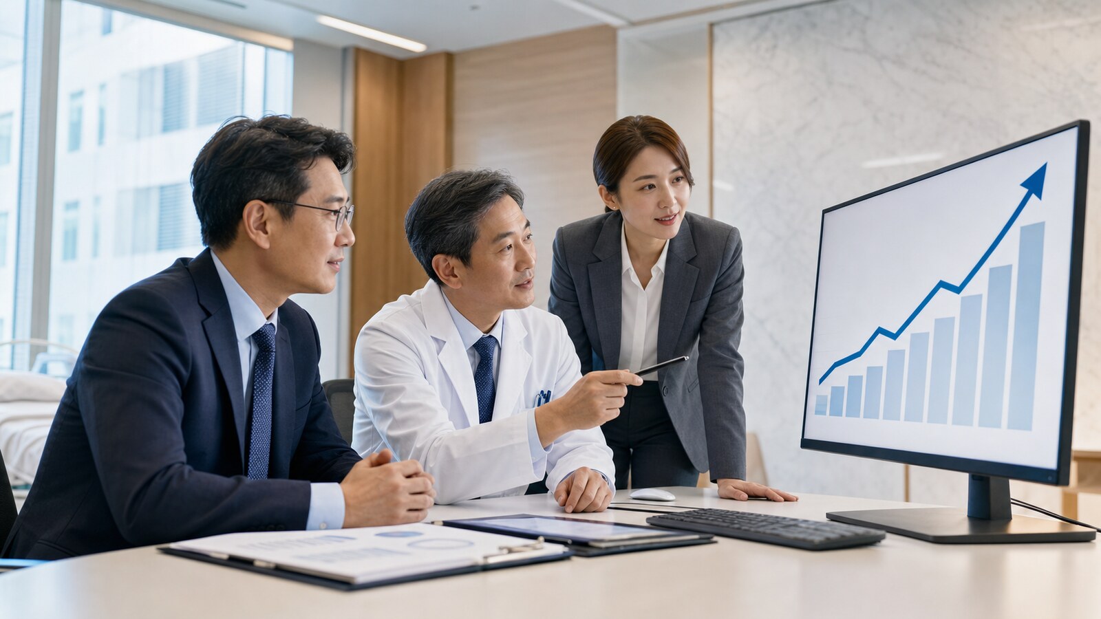 부산 병원 개원 컨설팅 상담에서 경영 지표 추이를 함께 검토하는 장면