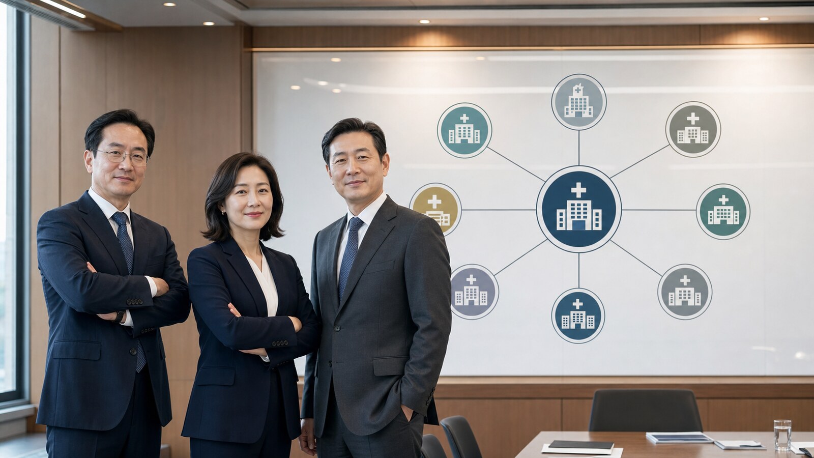 병원 개원과 운영을 지원하는 컨설팅 담당자들이 회의실에 서 있는 모습