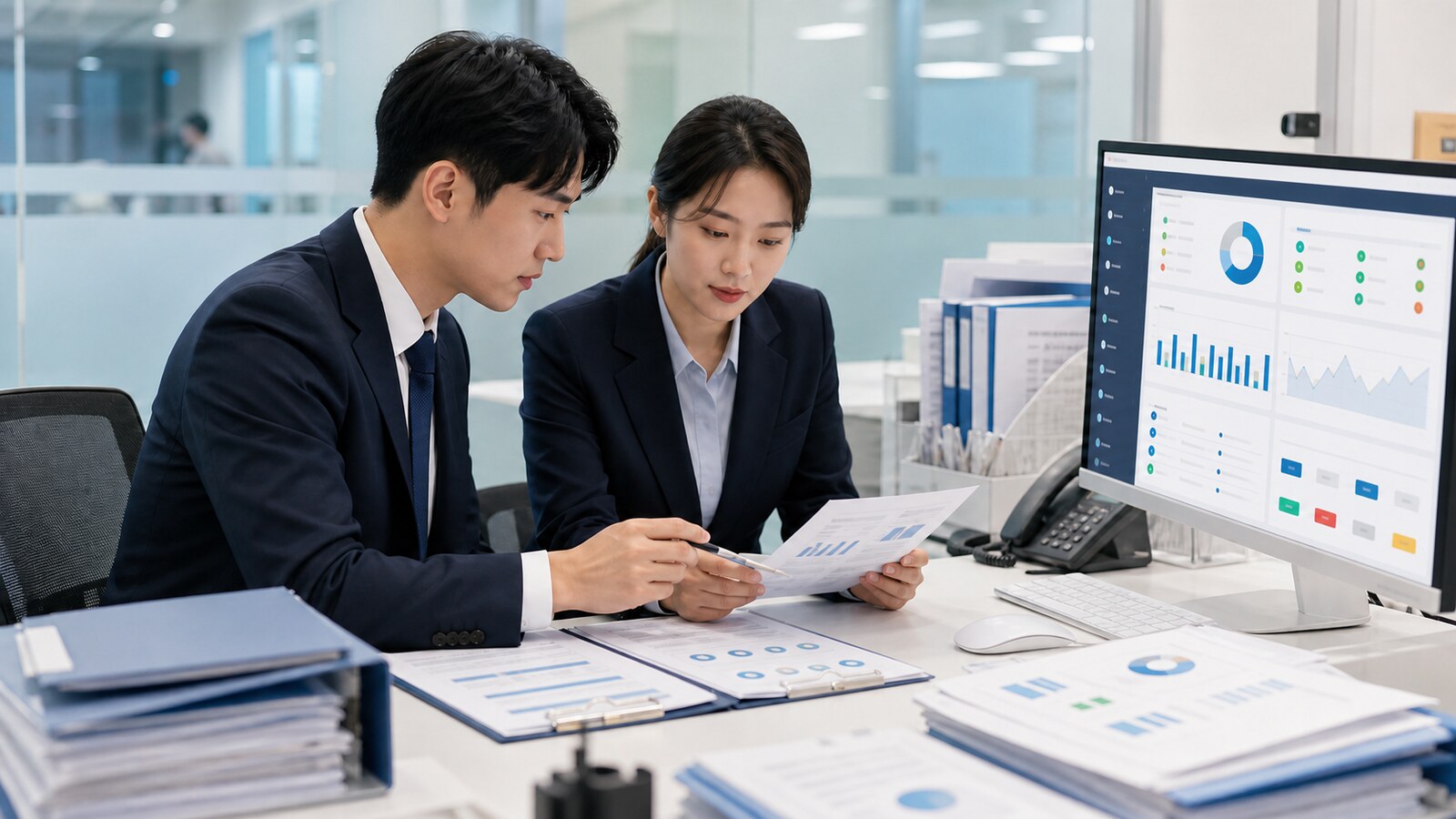 법인 설립과 개설 관련 행정 서류를 검토하는 사무 공간의 모습