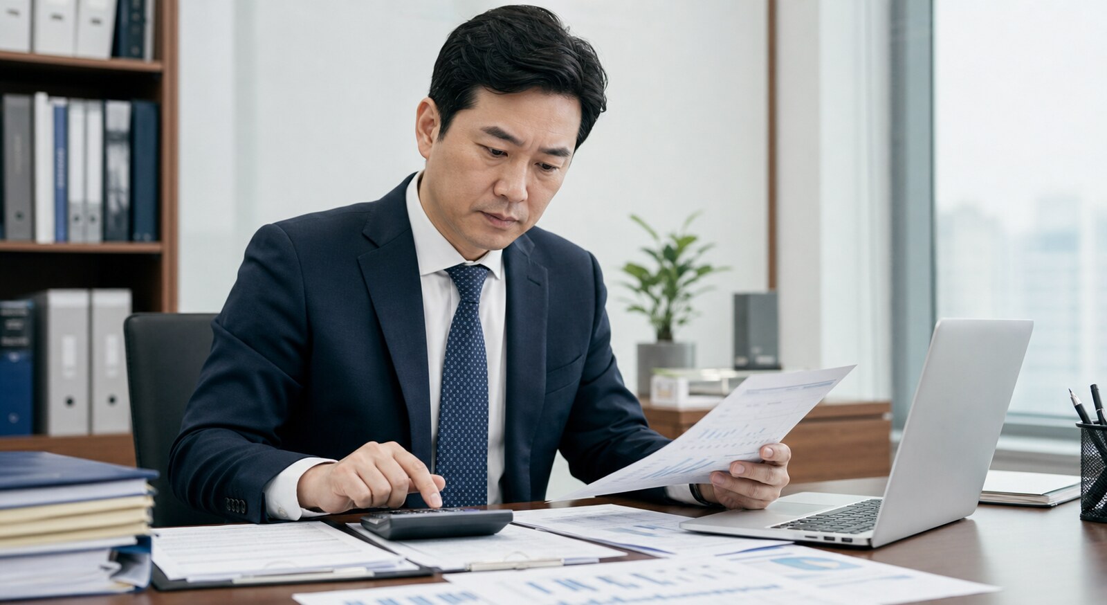 출연 재산 자료와 수지 계획을 검토하는 상담 장면