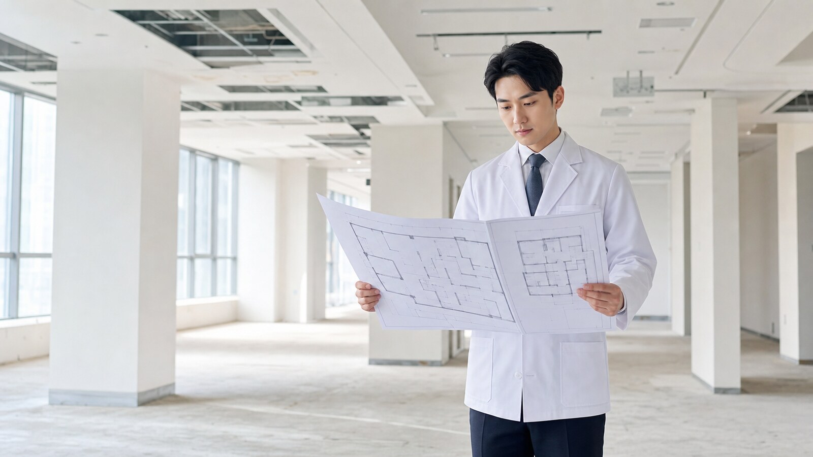 개원 예정 공간에서 의사가 병원 평면도를 펼쳐 확인하는 장면