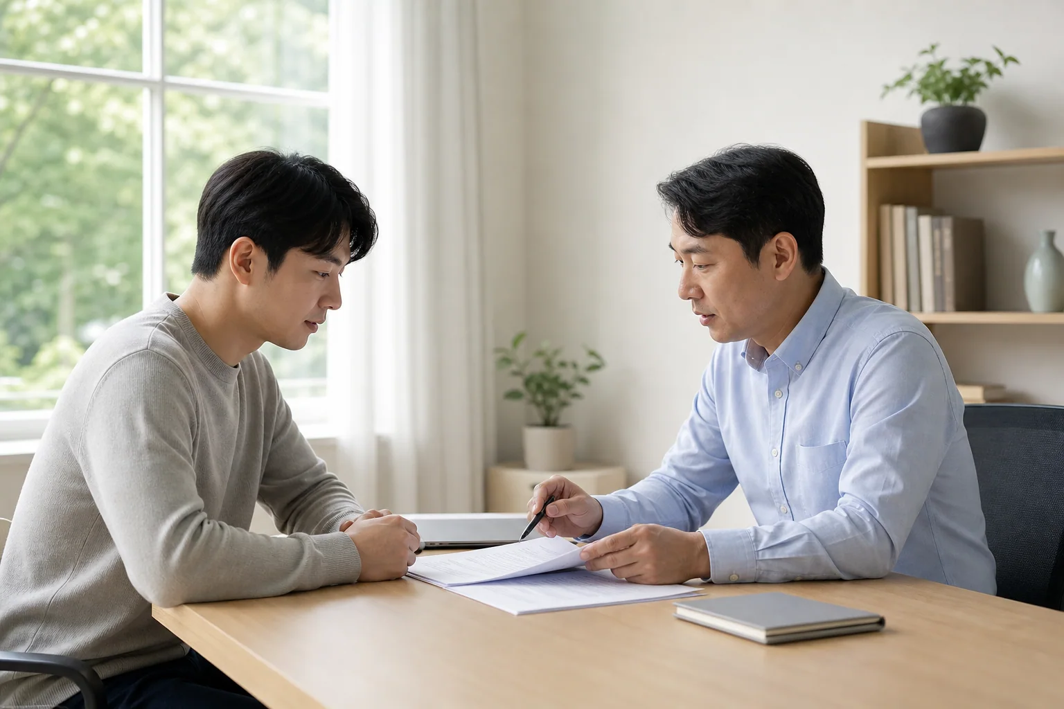 상담 테이블에서 계약 서류를 함께 검토하는 두 사람