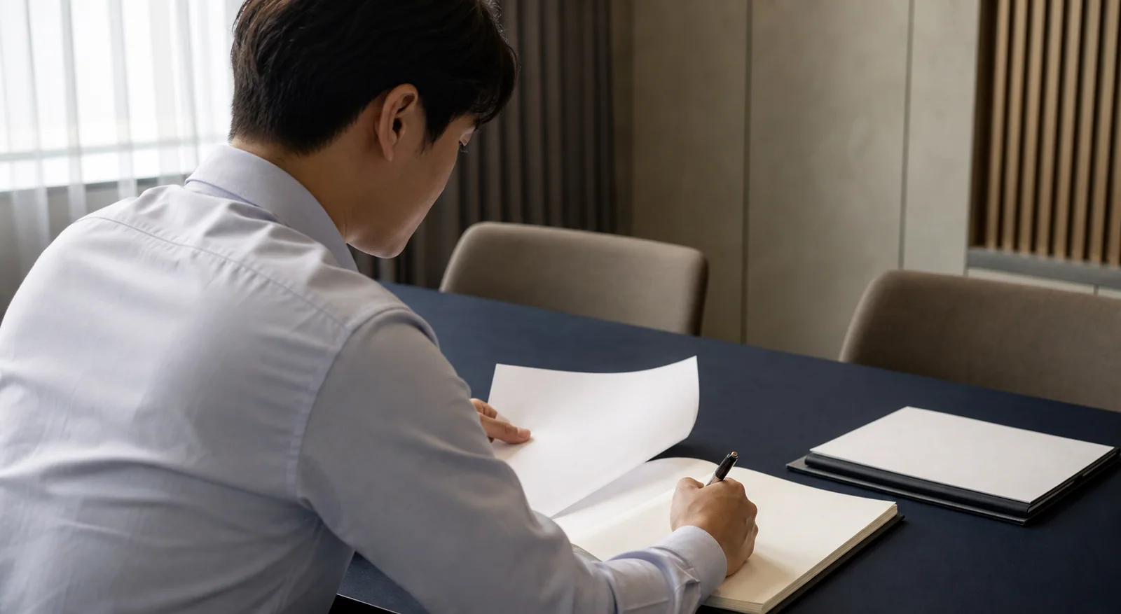 계약 서류를 검토하며 메모하는 모습