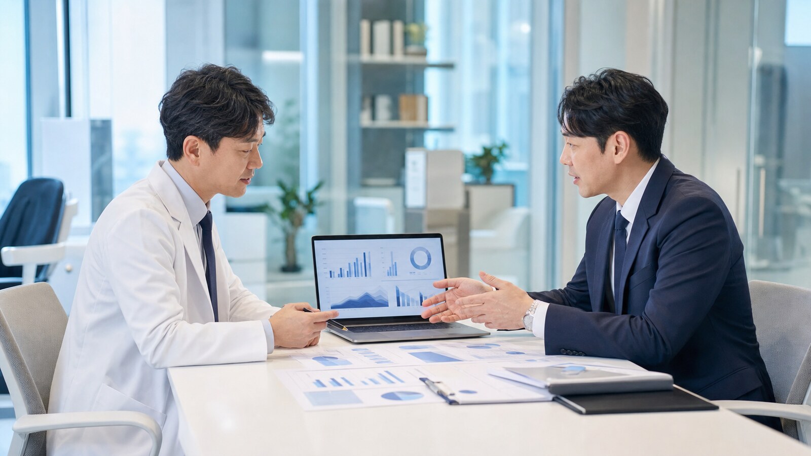 의료법인 설립 조건을 검토하려고 병원 대표와 컨설턴트가 자료를 함께 살펴보는 상담 장면