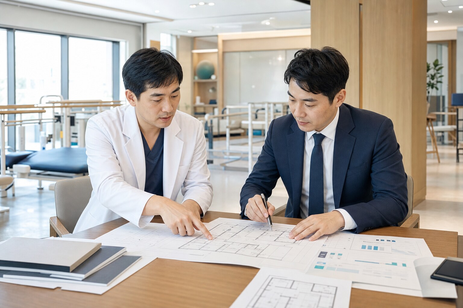 의료법인 설립 절차에 맞춰 개설 예정 병원의 시설 도면을 검토하는 장면