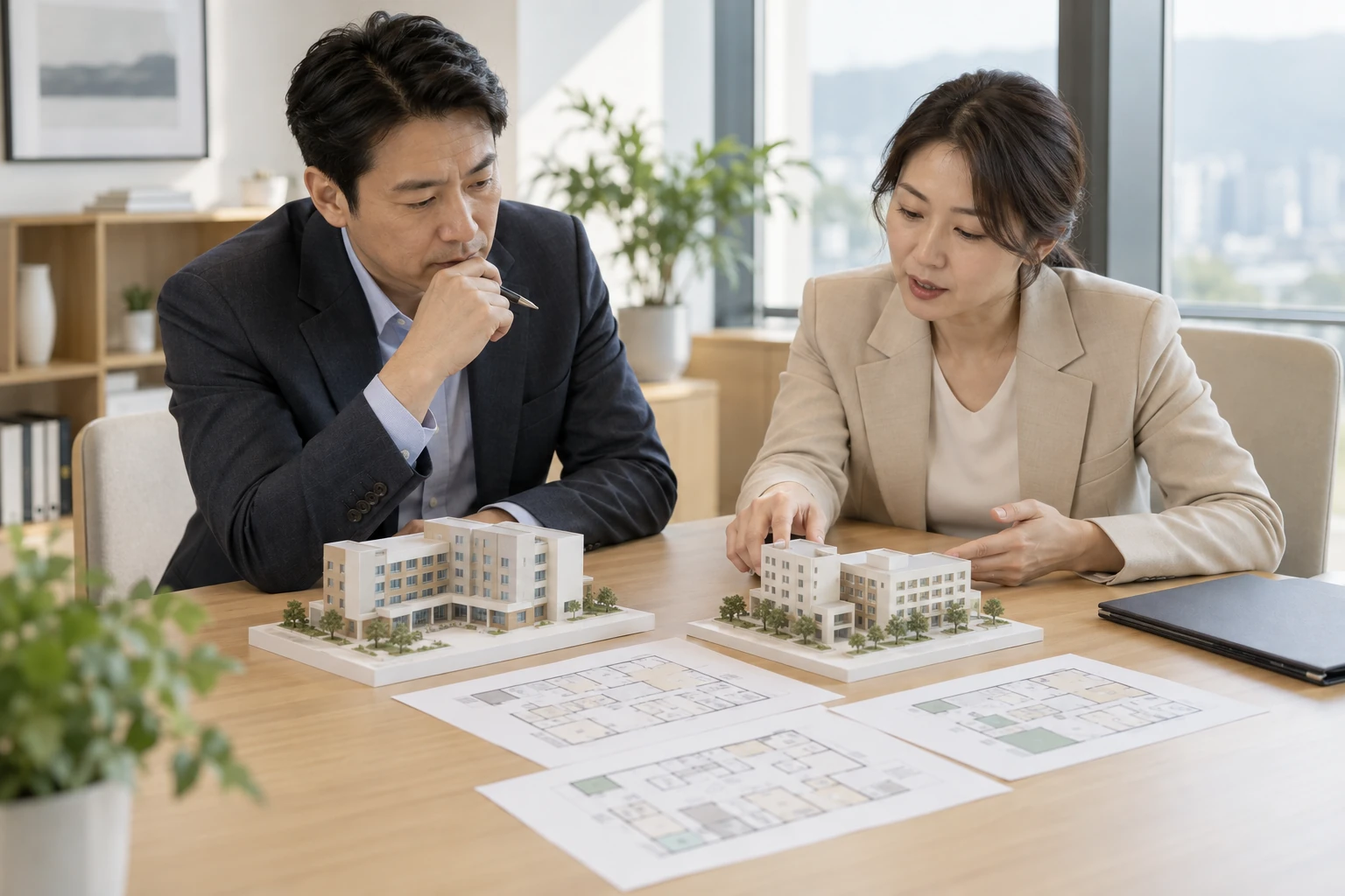 가상의 한국인 사업 담당자들이 건물 모형과 도면으로 요양병원 후보지를 비교하는 장면