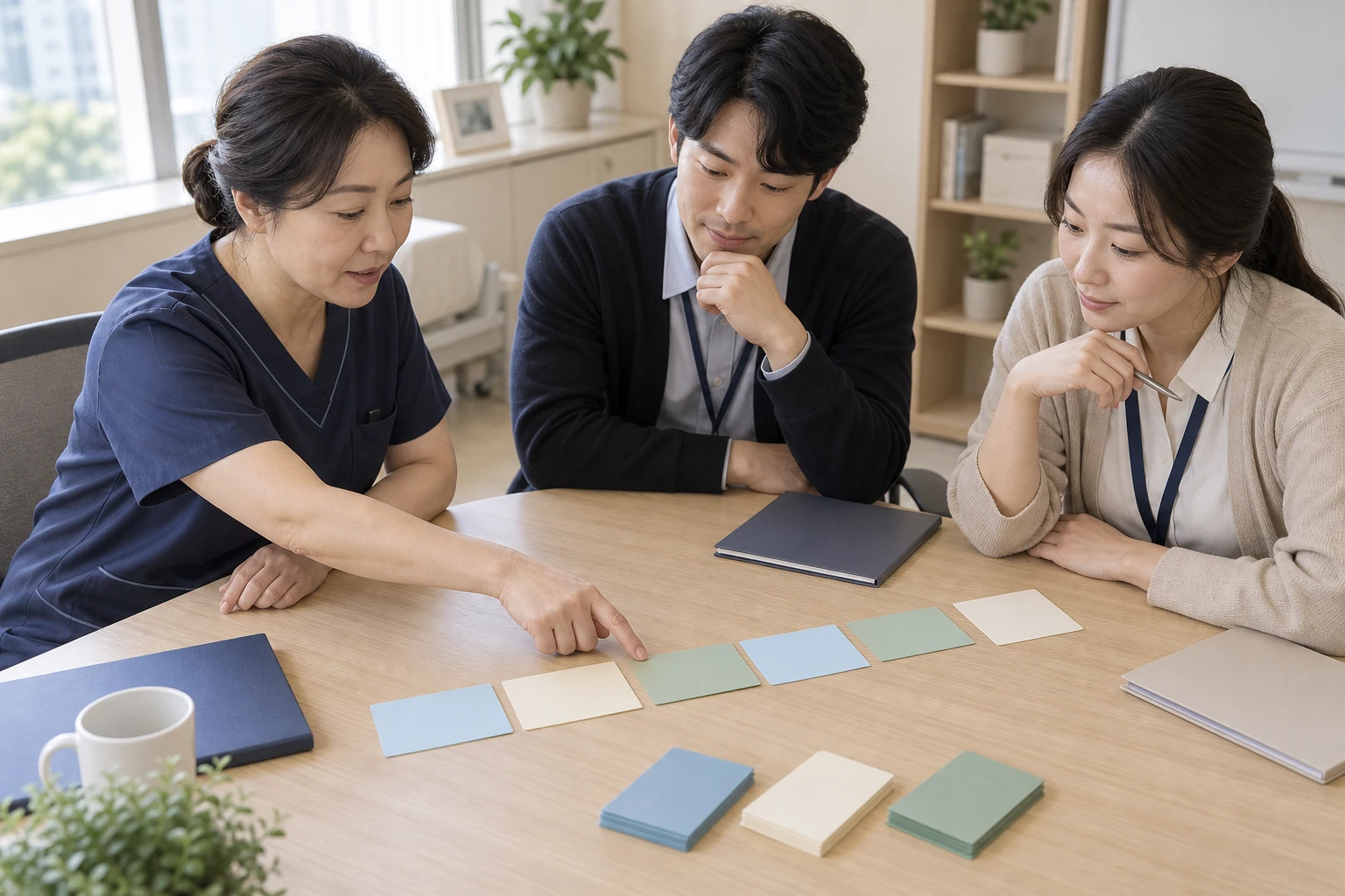 가상의 요양병원 실무자들이 색상 카드로 업무 인계 순서와 담당 역할을 정리하는 회의