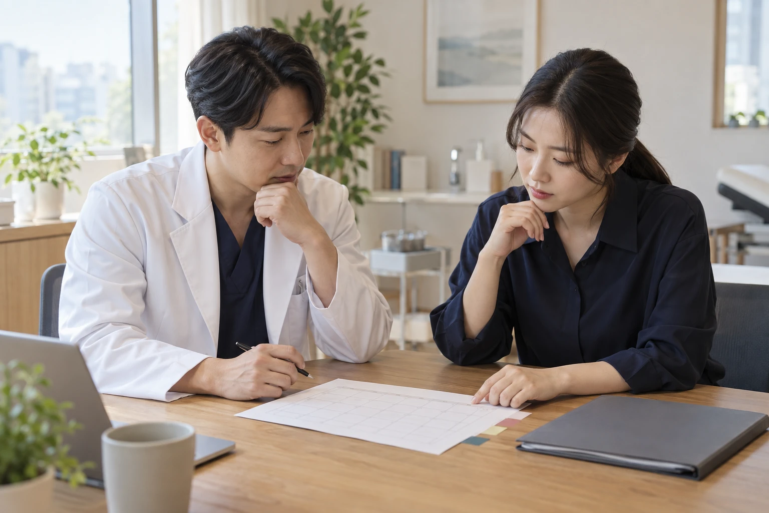 가상의 의원 개설자와 행정 담당자가 일정표를 보며 개원 준비 순서를 협의하는 장면