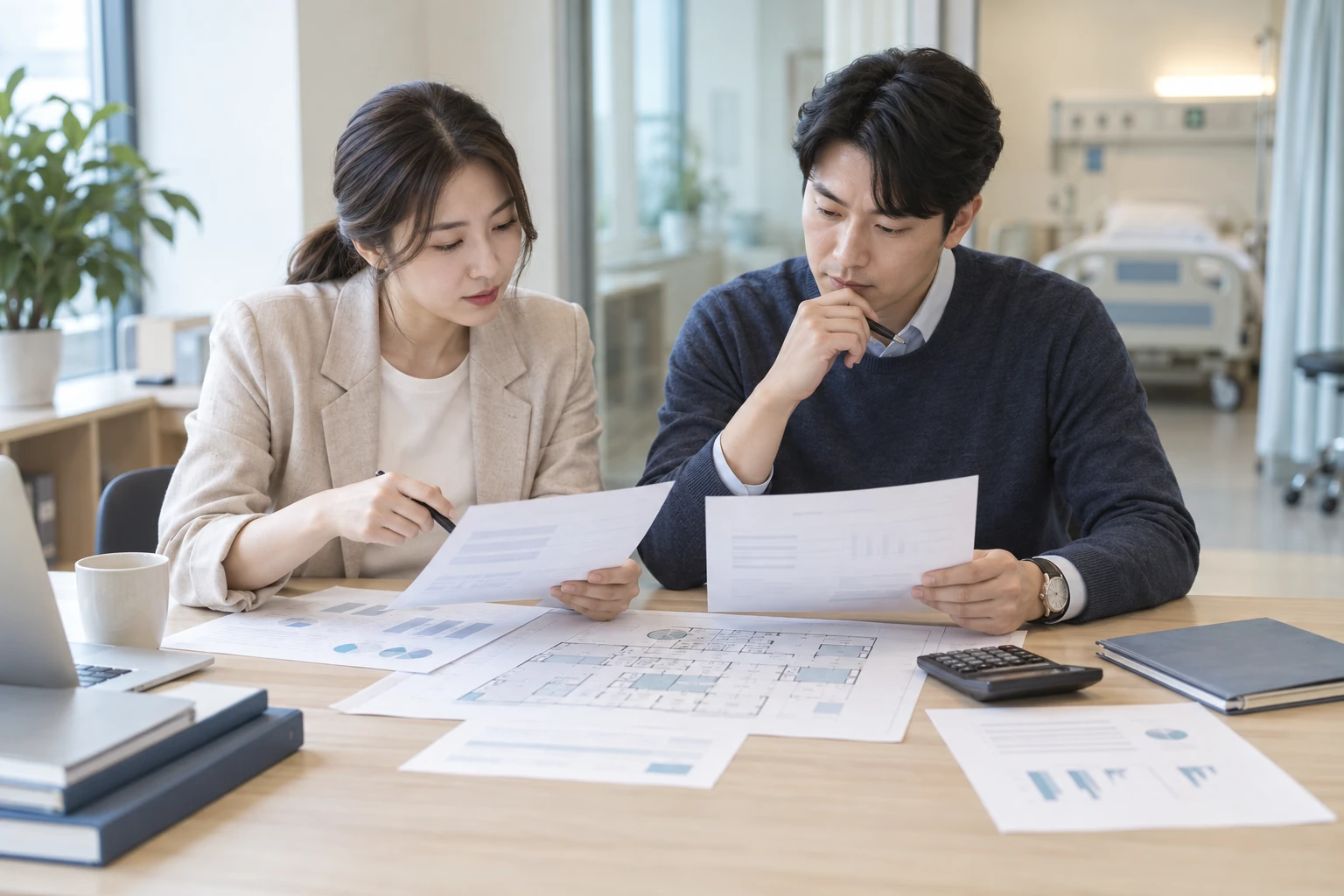 병원 인허가 비용 견적과 개념 평면도를 비교하는 가상의 한국인 담당자 두 명