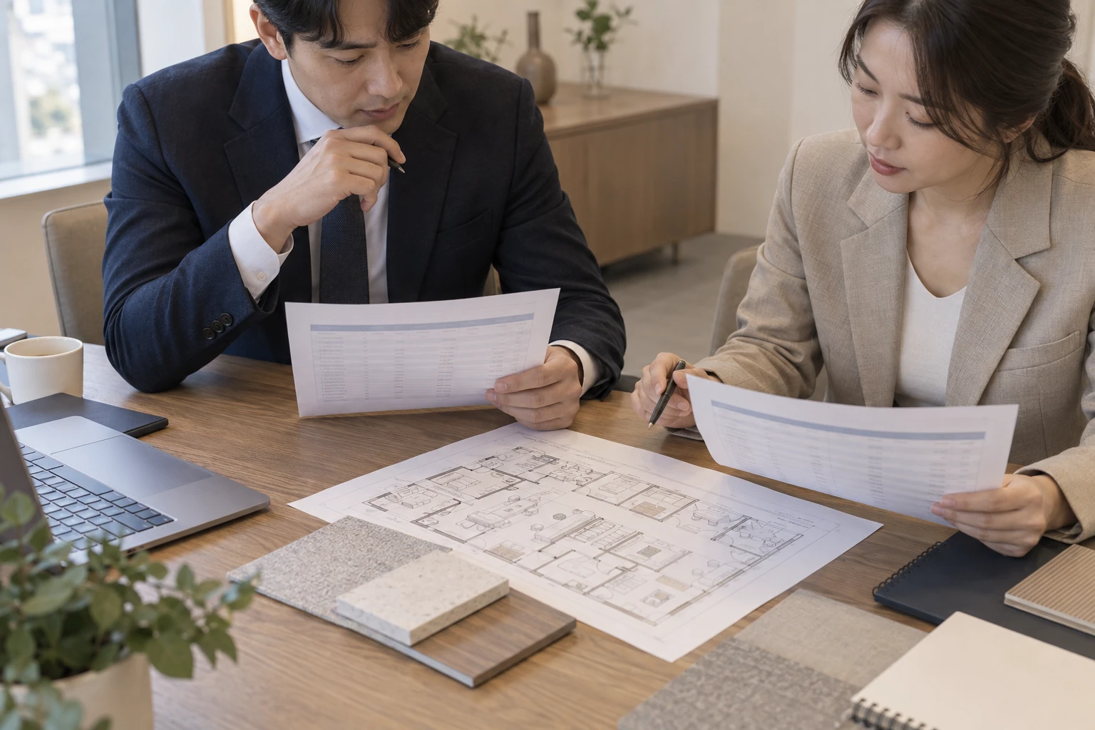 두 사람이 개원 견적서와 공간 배치 개념도, 마감재 샘플을 비교하는 가상 장면