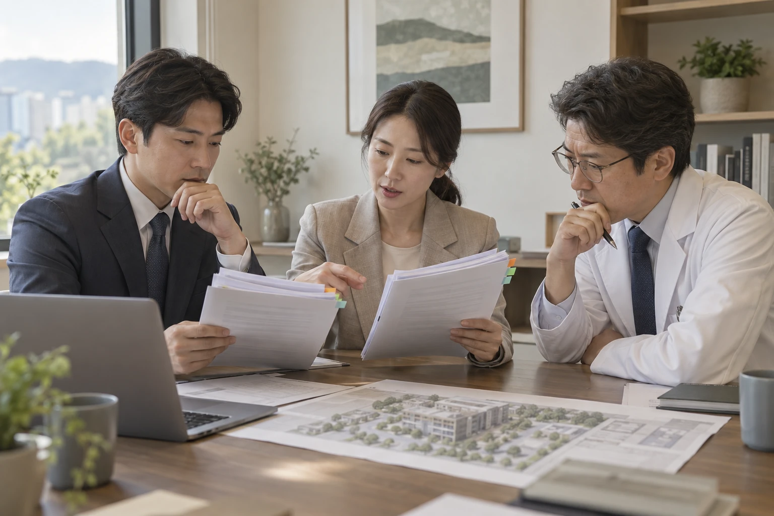 요양병원 의료법 개정 검토를 위해 자료를 비교하는 가상의 사업 담당자들
