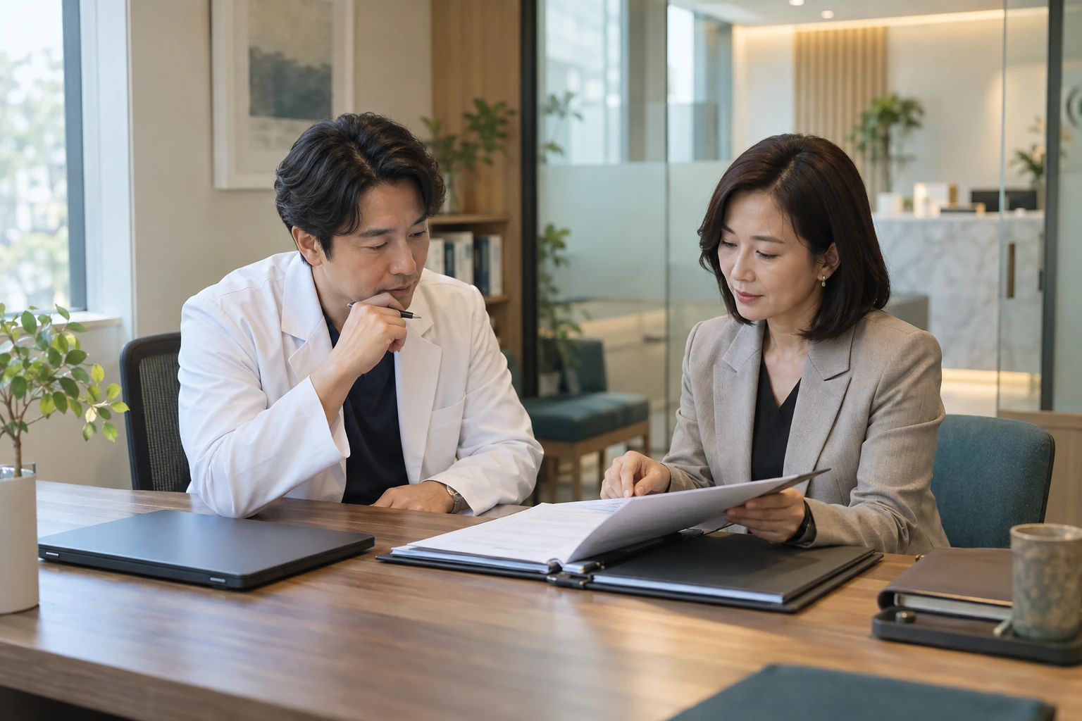 의원 양도양수 전 인수 목록과 계약 조건을 검토하는 가상의 의료인과 협의 상대