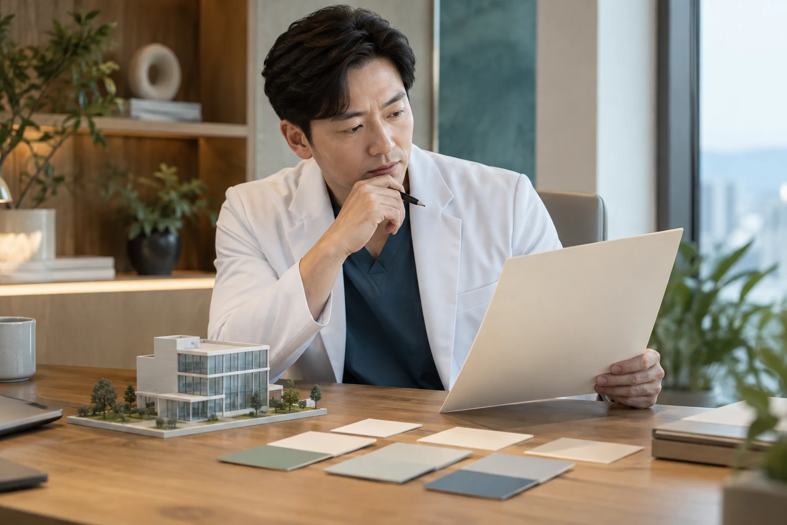 병원개원 준비 항목을 비교하는 가상 사업계획 검토 장면