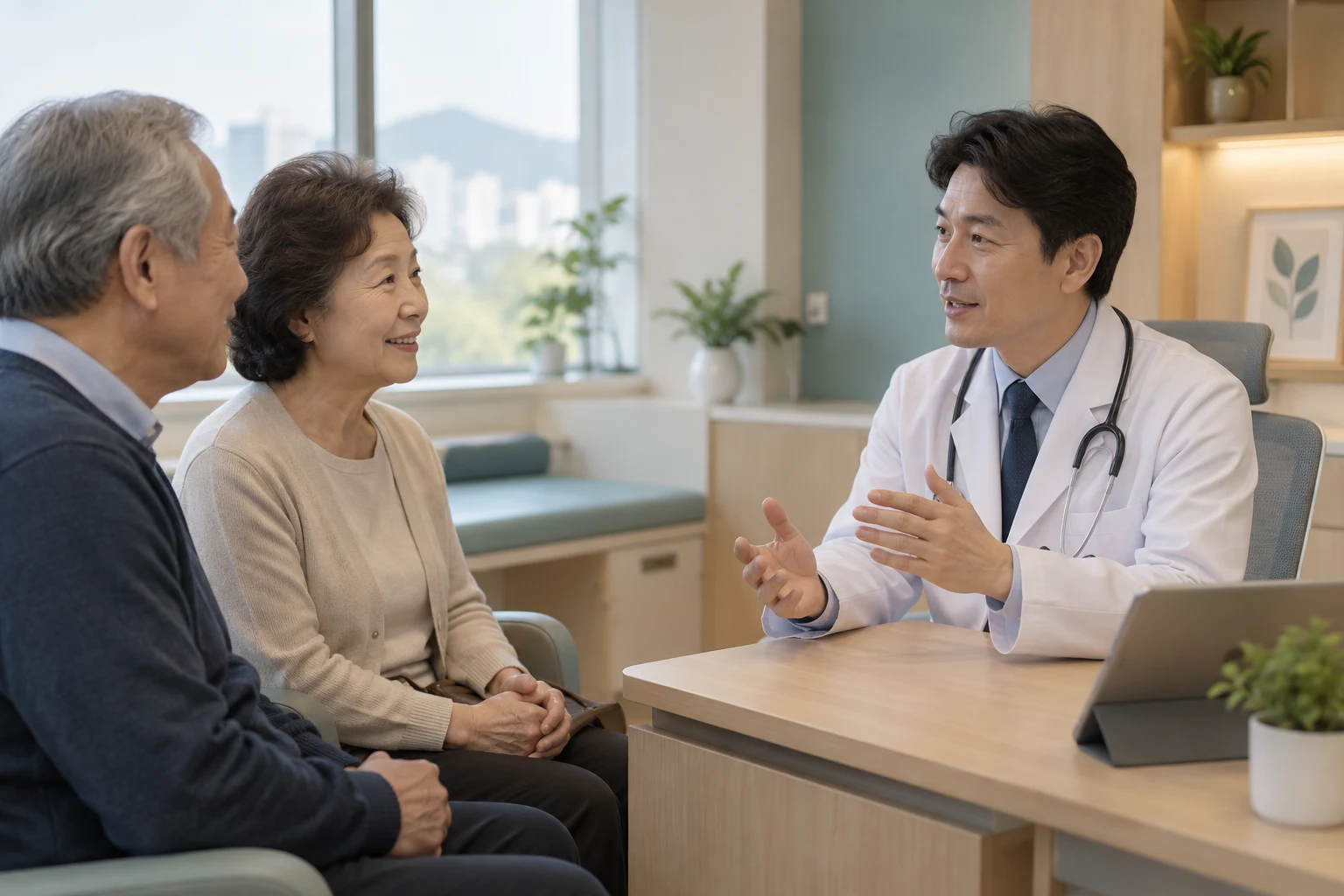 일차의료와 만성질환 관리를 상담하는 가상의 의사와 고령 부부